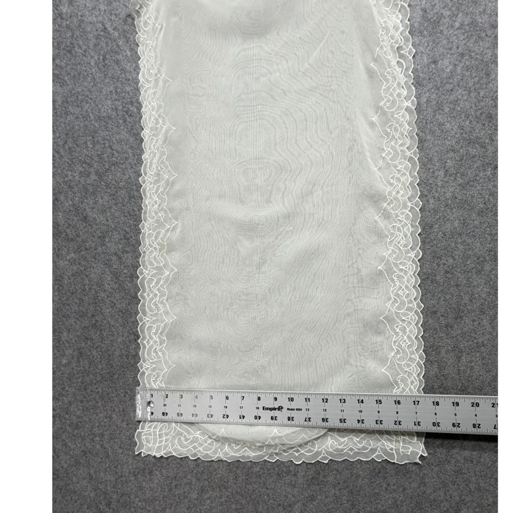 Vintage Sheer Off White Table Runner Embroidered Scalloped Edge Scrollwork 30x15